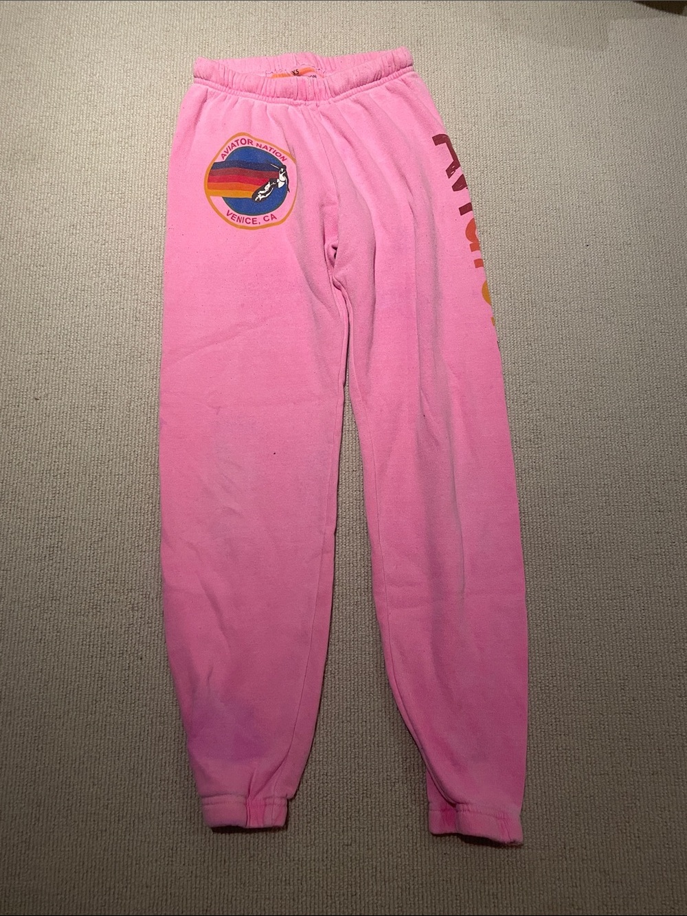 Aviator Nation Pink Venice CA Graphic Logo Sweatpants Cuffed Joggers Size XS